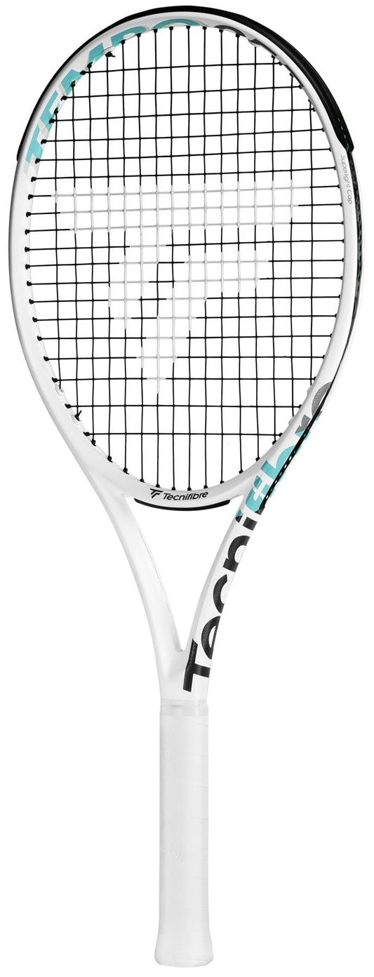 The Tecnifibre Tempo 255 Tennis Racket - White is a lightweight option featuring Isoflex technology. This racket, adorned in white with black and teal accents, prominently displays the "Tecnifibre" branding on the neck. It has strings arranged in a precise grid pattern and is complemented by a sleek white grip.