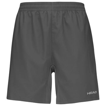 Antracite grey HEAD Club men's tennis shorts with an elastic waistband, featuring the "HEAD" logo in white on the lower left side. Perfect for tennis enthusiasts, these shorts include MXM Technology to ensure optimal performance and comfort on the court.