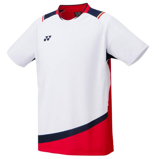 The Yonex 10489 Men's Shirt in white is an athletic t-shirt featuring short sleeves and a small logo on the right chest. It showcases red and black accents along the sides and shoulders, utilizing VERY COOL technology for improved comfort and UV protection.