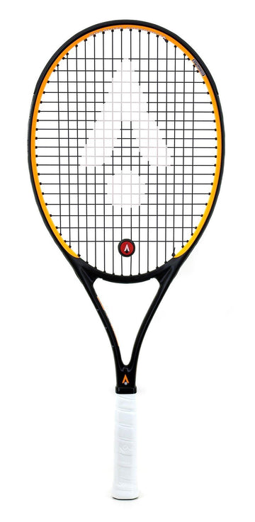 The Karakal Pro Composite 26 Junior Tennis Racket from Karakal comes in black and yellow, made from graphite composite. It boasts a patterned string design with a white logo at the center and features a handle wrapped in white grip tape. Positioned vertically against a white background, this racket provides excellent power control for young players.