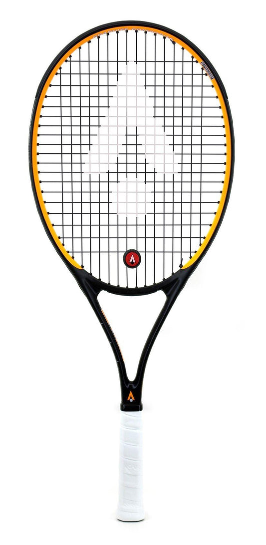 The Karakal Pro Composite 26 Junior Tennis Racket from Karakal comes in black and yellow, made from graphite composite. It boasts a patterned string design with a white logo at the center and features a handle wrapped in white grip tape. Positioned vertically against a white background, this racket provides excellent power control for young players.