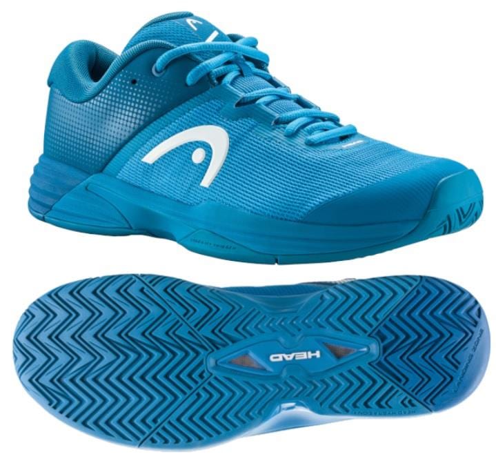 The HEAD Revolt EVO 2.0 Men's Wide Fit Tennis Shoes in blue display the stylish white logo on the side. The upper shoe is shown from a side angle, highlighting its breathability, while the lower shoe showcases the tread pattern on the sole. These tennis shoes are equipped with blue laces and textured details for enhanced style.