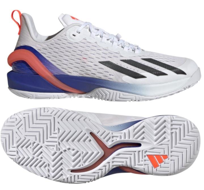 A modern pair of tennis shoes from adidas, the Adizero Cybersonic, crafted with recycled materials. They feature a Cloud White and Core Black mesh upper with striking Solar Red accents and signature black stripes on the side. The sole is designed with a zigzag tread pattern for optimal traction, perfectly capturing the dynamic spirit of this collection.