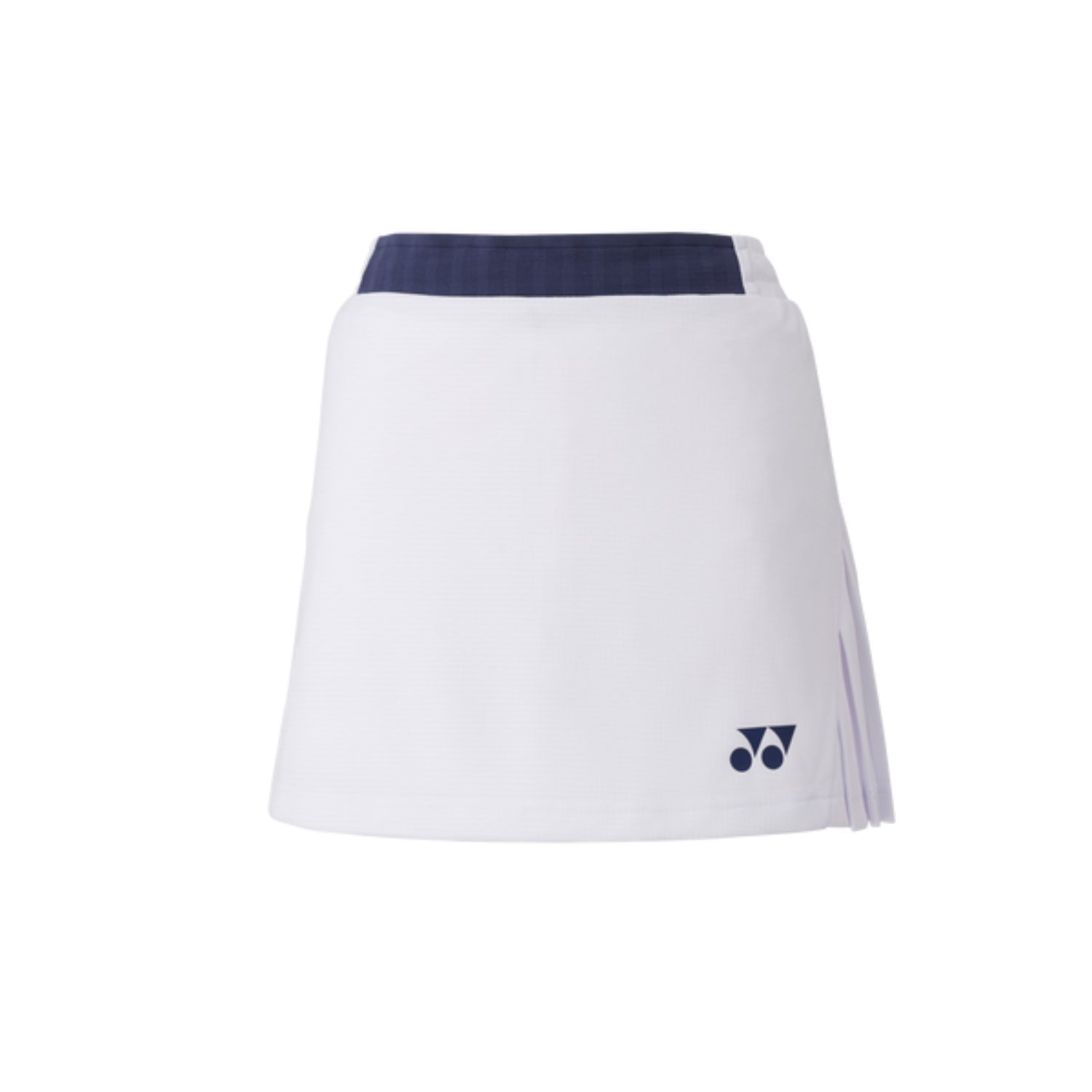 The Yonex 26094 Women's Skort from Yonex boasts a sleek white design with a navy waistband and a small navy logo near the hem. It features slight side pleats for style and includes UV reduction for enhanced comfort, set against its plain white background.