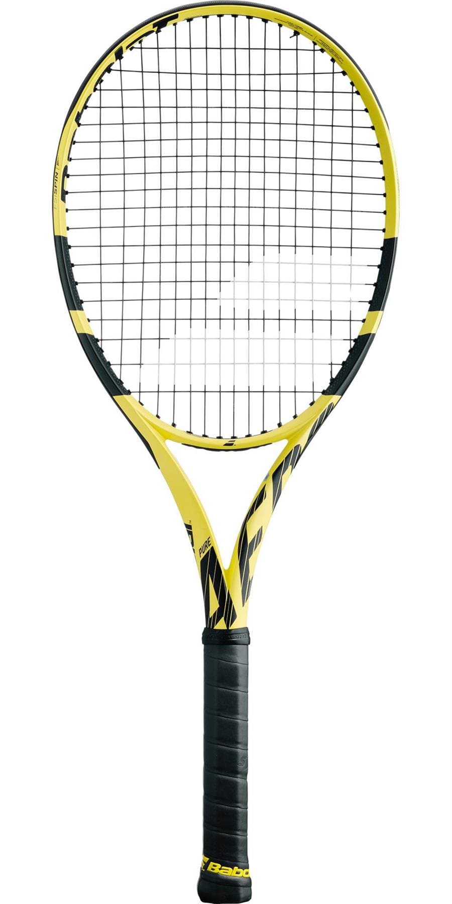 The Babolat Pure Aero + Tennis Racket - Yellow / Black (Strung) from Babolat offers exceptional control with its sleek frame and string grid. The black grip tape on the handle ensures precision and enhances your spin potential with every swing.