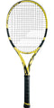 The Babolat Pure Aero + Tennis Racket - Yellow / Black (Strung) from Babolat offers exceptional control with its sleek frame and string grid. The black grip tape on the handle ensures precision and enhances your spin potential with every swing.
