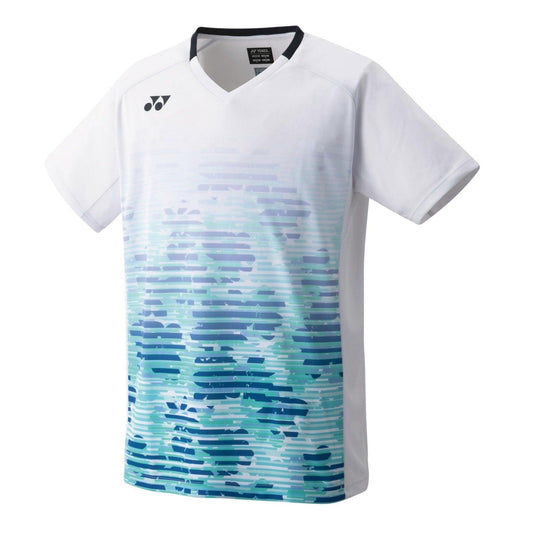 The Yonex 10505 Mens T-Shirt - White features a gradient blue and green abstract pattern with horizontal lines and shapes, transitioning from dark at the bottom to light near the top. This athletic shirt from Yonex is designed for top-level performance with its VERYCOOL clothing technology.