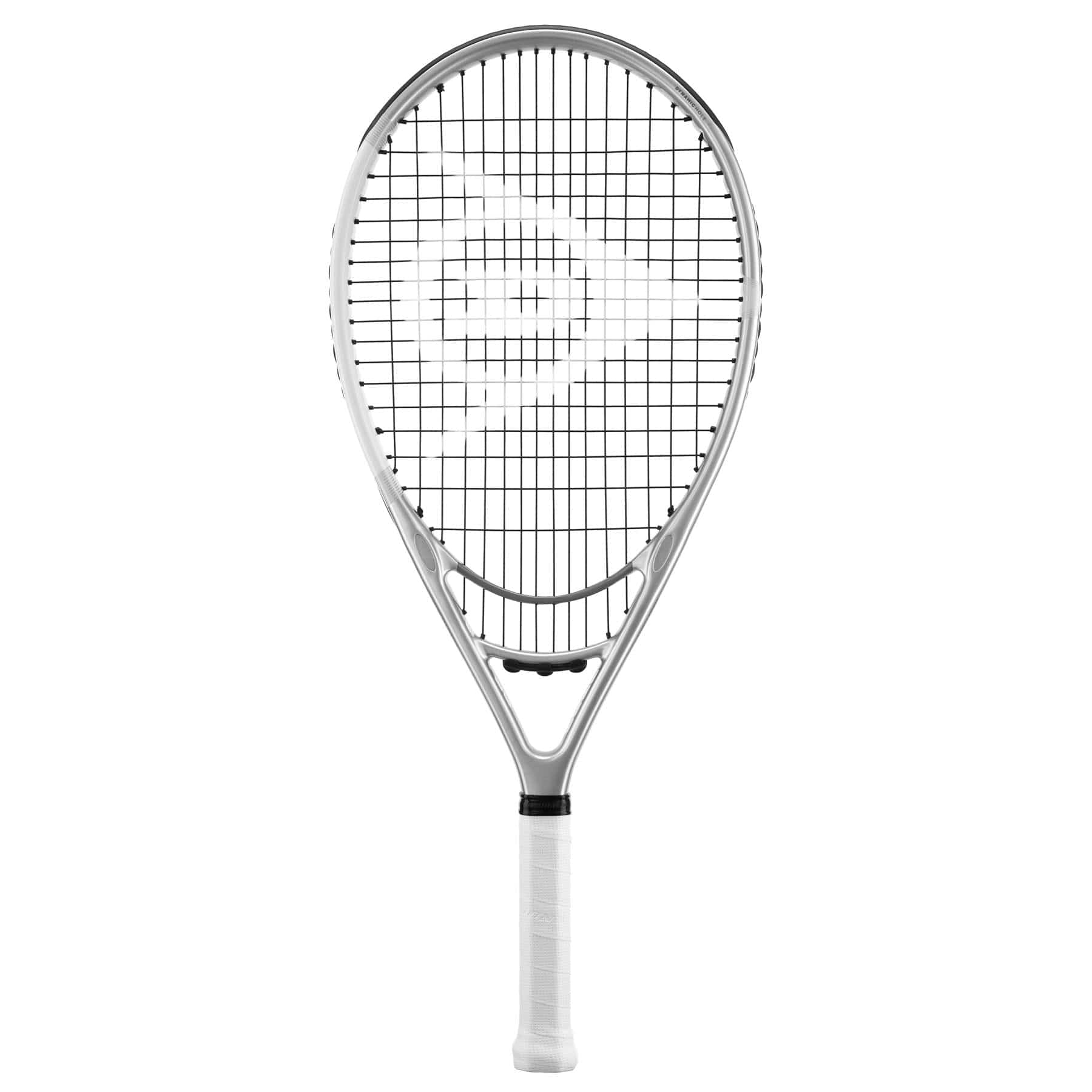 The Dunlop LX 1000 Tennis Racket, offered in a sleek silver design with a white grip and black strings featuring a geometric pattern, is expertly crafted by the brand Dunlop to enhance shot power. It is displayed standing upright against a plain white background.