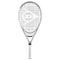 The Dunlop LX 1000 Tennis Racket, offered in a sleek silver design with a white grip and black strings featuring a geometric pattern, is expertly crafted by the brand Dunlop to enhance shot power. It is displayed standing upright against a plain white background.