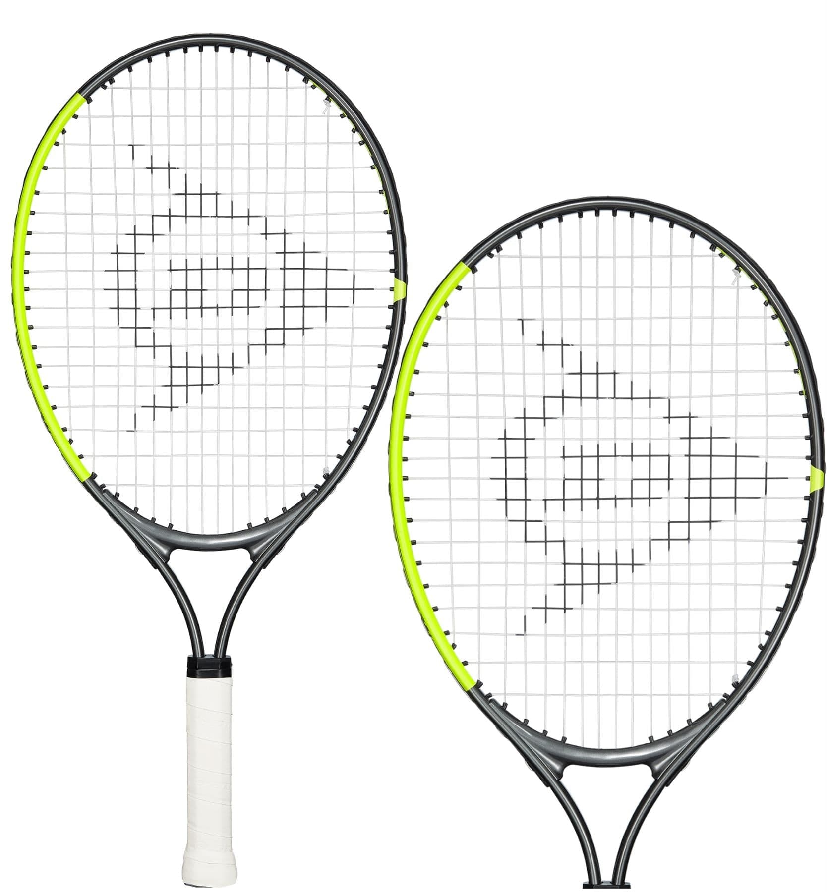 The Dunlop SX Junior 23 tennis rackets, available in grey and yellow, are ideal for young players looking to achieve maximum spin. These rackets feature white strings with a geometric logo pattern and come with white-wrapped handles for a comfortable grip.