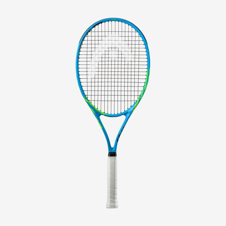 A HEAD MX Spark Elite tennis racket by HEAD, featuring a blue frame and white grip, is displayed against a plain white background. Ideal for beginners, its strings form the standard crisscross pattern, showcasing perfect balance for novice players.