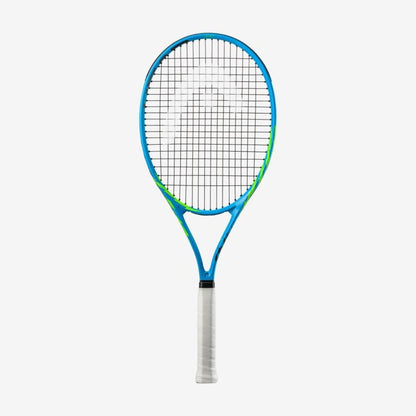 A HEAD MX Spark Elite tennis racket by HEAD, featuring a blue frame and white grip, is displayed against a plain white background. Ideal for beginners, its strings form the standard crisscross pattern, showcasing perfect balance for novice players.