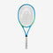 A HEAD MX Spark Elite tennis racket by HEAD, featuring a blue frame and white grip, is displayed against a plain white background. Ideal for beginners, its strings form the standard crisscross pattern, showcasing perfect balance for novice players.