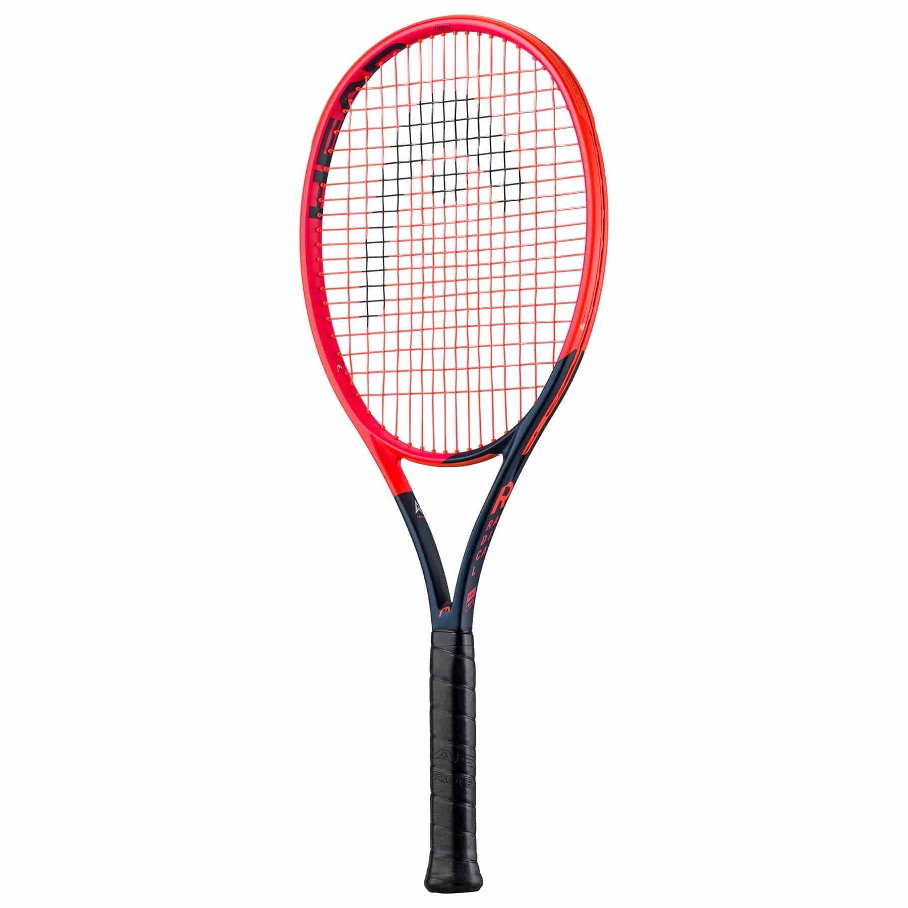 An orange and navy blue tennis racket from HEAD, the Radical Team L 2023 model, designed with Graphene for enhanced strength. It features a black grip and crisscross strings along its flat, oval-shaped surface, showcasing text branding on the frame.