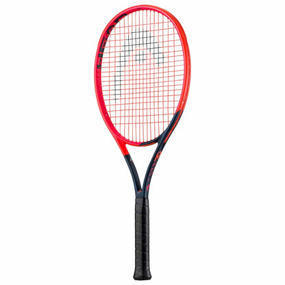 An orange and navy blue tennis racket from HEAD, the Radical Team L 2023 model, designed with Graphene for enhanced strength. It features a black grip and crisscross strings along its flat, oval-shaped surface, showcasing text branding on the frame.