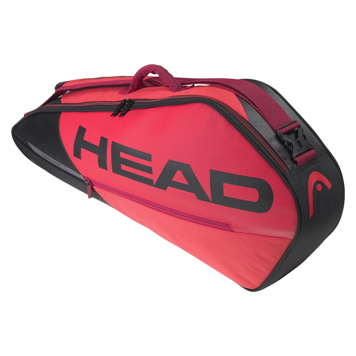 The HEAD Tour Team 3R 3 Racket Tennis Bag in black and red prominently features the HEAD logo on its side. Designed for convenience, it includes a zippered compartment, can hold up to 3 rackets, and has a top handle for easy carrying.