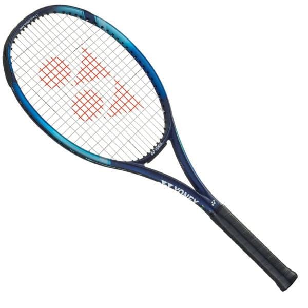 A sky blue Yonex EZONE Sonic tennis racket features black accents on the strings and a black handle. Built with HM graphite and isometric technology, the brand name "Yonex" is prominently displayed on the frame. The racket is positioned slightly to the right against a white background.