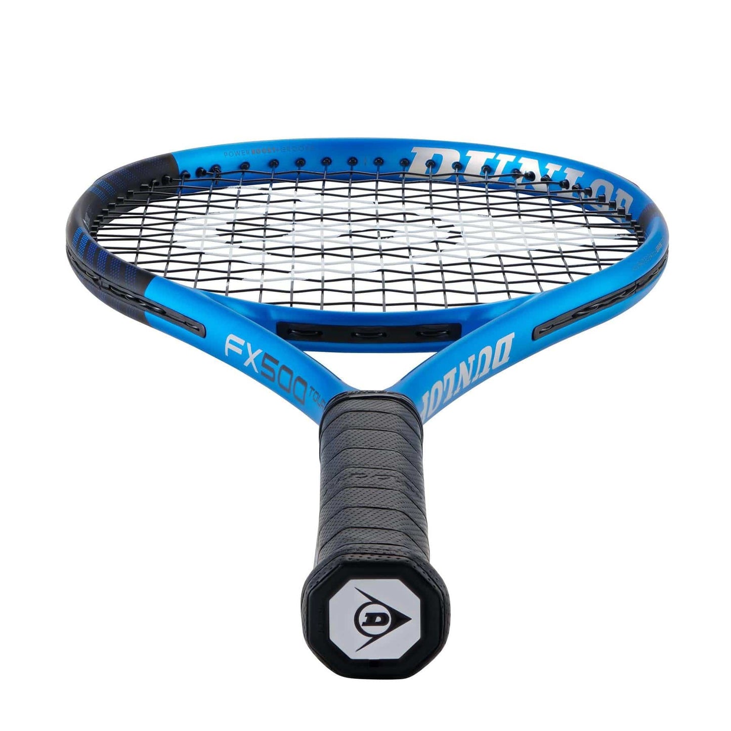 Close-up of a blue and black Dunlop FX 500 Tour 2023 tennis racket (frame only), highlighting its Sonic Core technology, designed for enhanced performance. The racket is positioned upright, emphasizing its grip and unique string pattern to deliver a power boost.