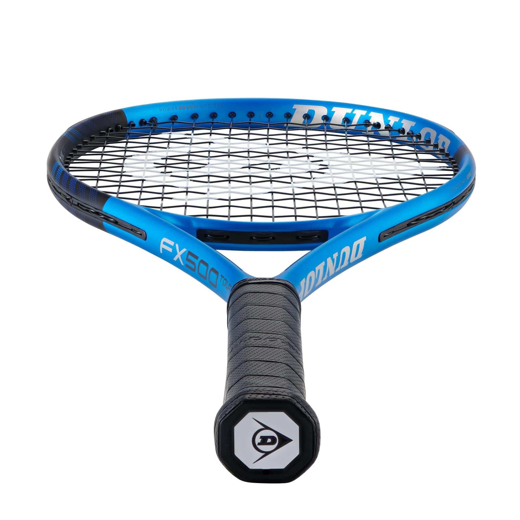 Close-up of a blue and black Dunlop FX 500 Tour 2023 tennis racket (frame only), highlighting its Sonic Core technology, designed for enhanced performance. The racket is positioned upright, emphasizing its grip and unique string pattern to deliver a power boost.