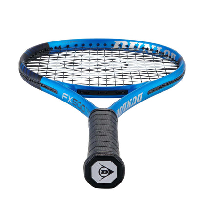 Close-up of a blue and black Dunlop FX 500 Tour 2023 tennis racket (frame only), highlighting its Sonic Core technology, designed for enhanced performance. The racket is positioned upright, emphasizing its grip and unique string pattern to deliver a power boost.