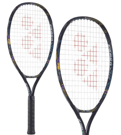 Two Yonex Osaka Junior 23 tennis rackets with gold and purple frames and grip handles, showcasing the distinctive red string patterns of the Yonex Osaka Junior series. The "Yonex" brand is prominently displayed on the side. Designed for aspiring champions like Naomi Osaka, they stand upright, angled slightly towards each other.