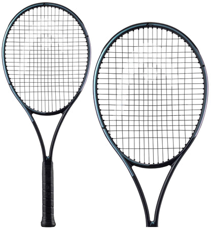 Displayed against a white background are two HEAD Gravity MP 2023 Tennis Rackets in black, showcasing a modern design with tightly strung strings and textured grips. Experience an expansive sweetspot and improved performance with the incorporated Auxetic technology.
