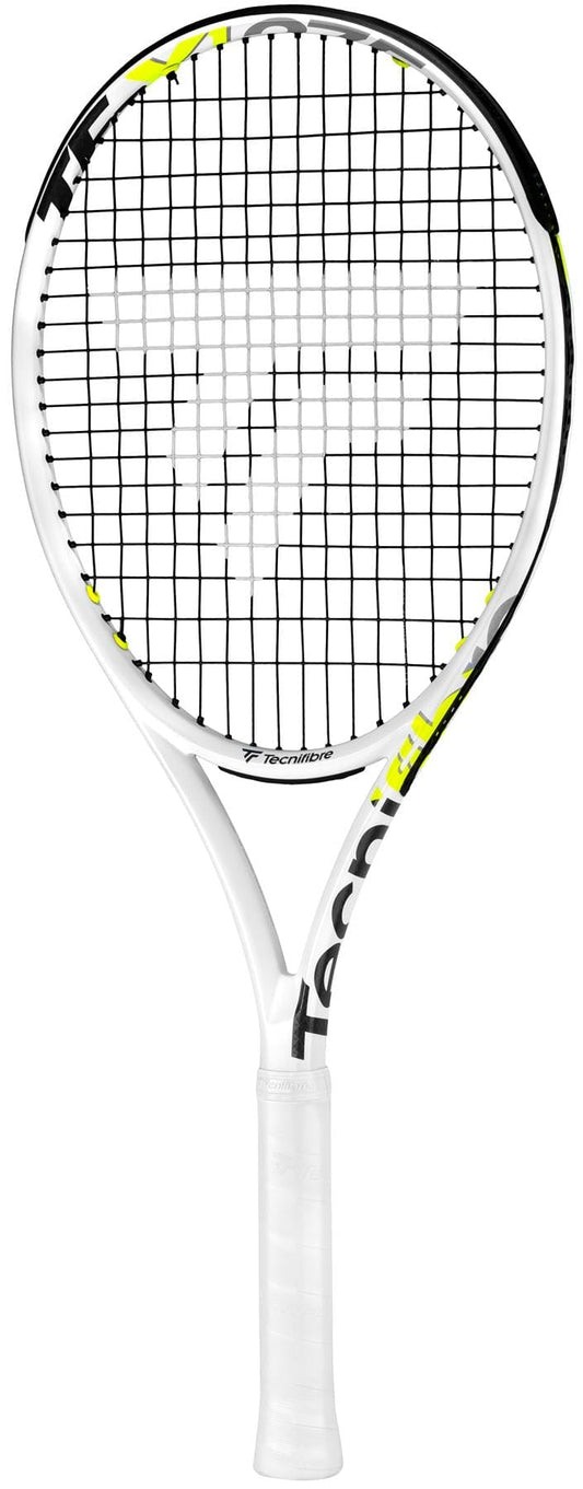 The Tecnifibre TF-X1 275 Tennis Racket, featuring an eye-catching white design, offers enhanced stability and power with its woven string pattern. The frame showcases the brand name prominently.