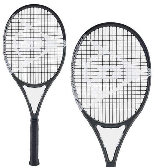 The Dunlop Tristorm Pro 265g Tennis Rackets, with black handles and strings forming a crisscross pattern, feature a white logo in the center of the string bed. These rackets are designed for intermediate to advanced club players and are displayed against a white background.