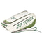 Introducing the Yonex 02326EX Expert 6 Piece Racket Bag in White/Moss Green, adorned with zippers and shoulder straps for easy carrying, and prominently displaying the Yonex logo on the side. For added convenience, it includes a detachable laundry pouch. The bag is showcased at a slight angle against a plain white background.