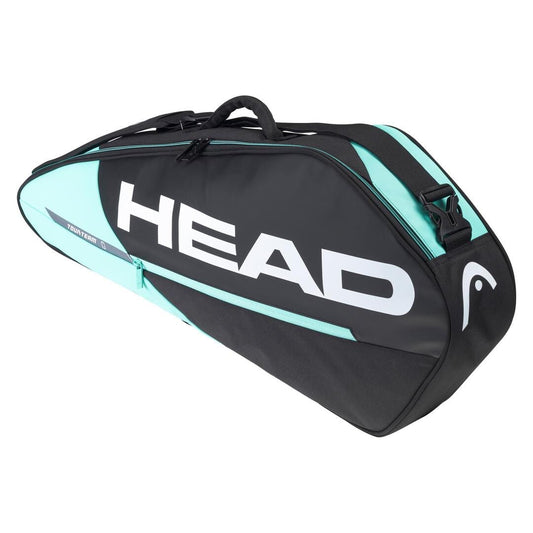 The HEAD Tour Team 3R 3 Racket Tennis Bag in Black and Mint offers multiple compartments, a top handle, and an adjustable shoulder strap for versatile carrying. The brand name "HEAD" is prominently displayed in white letters on the side.