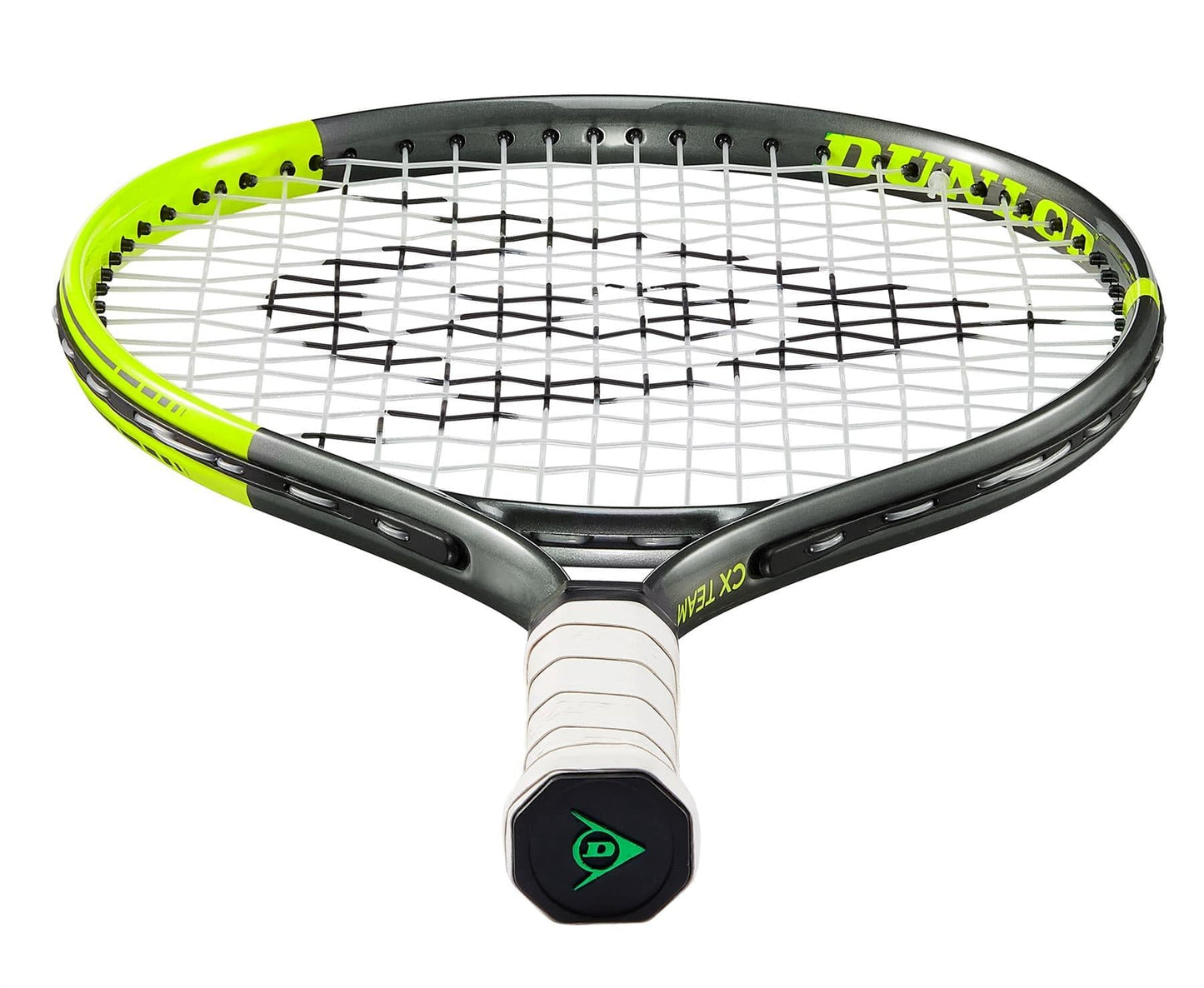 A close-up of a Dunlop SX Junior 19 Tennis Racket in grey and yellow, featuring a unique string pattern that offers maximum spin. The grip is white with a black cap at the end, and the "DUNLOP" brand name is prominently displayed on the rim, making it perfect for young players.