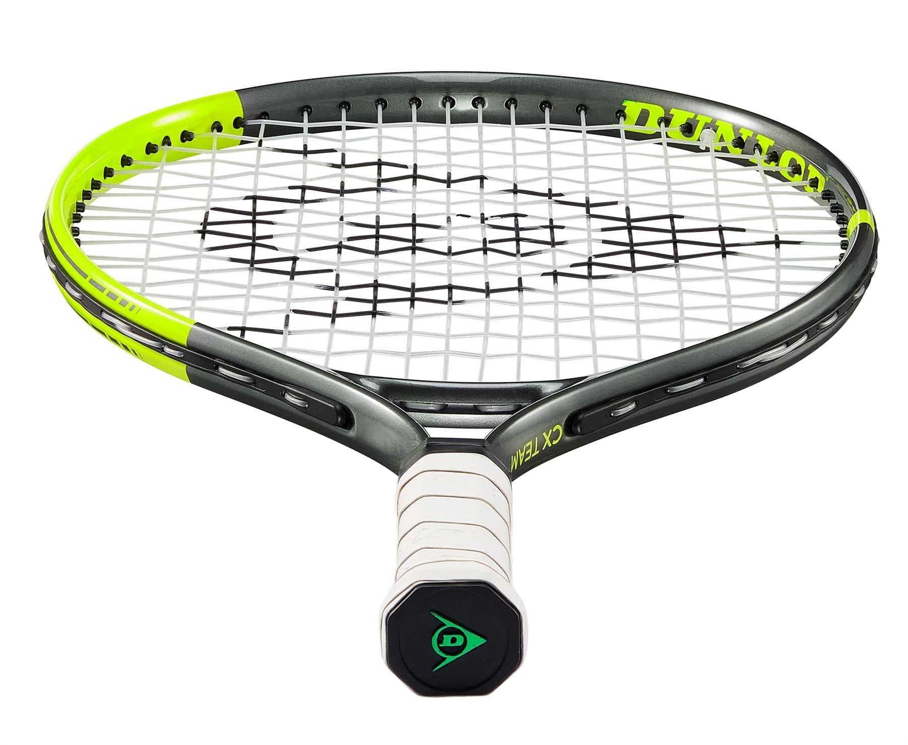 A close-up of a Dunlop SX Junior 19 Tennis Racket in grey and yellow, featuring a unique string pattern that offers maximum spin. The grip is white with a black cap at the end, and the "DUNLOP" brand name is prominently displayed on the rim, making it perfect for young players.