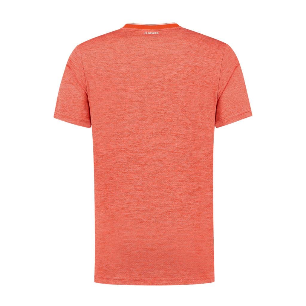 The image highlights the back view of the K-Swiss Hypercourt Double Crew Men's T-Shirt in Spicy Orange, sporting a heathered design that ensures high comfort, making it ideal for casual wear. This short-sleeved tennis T-shirt from K-Swiss features a round neckline, perfectly combining style and ease for an everyday wardrobe staple.