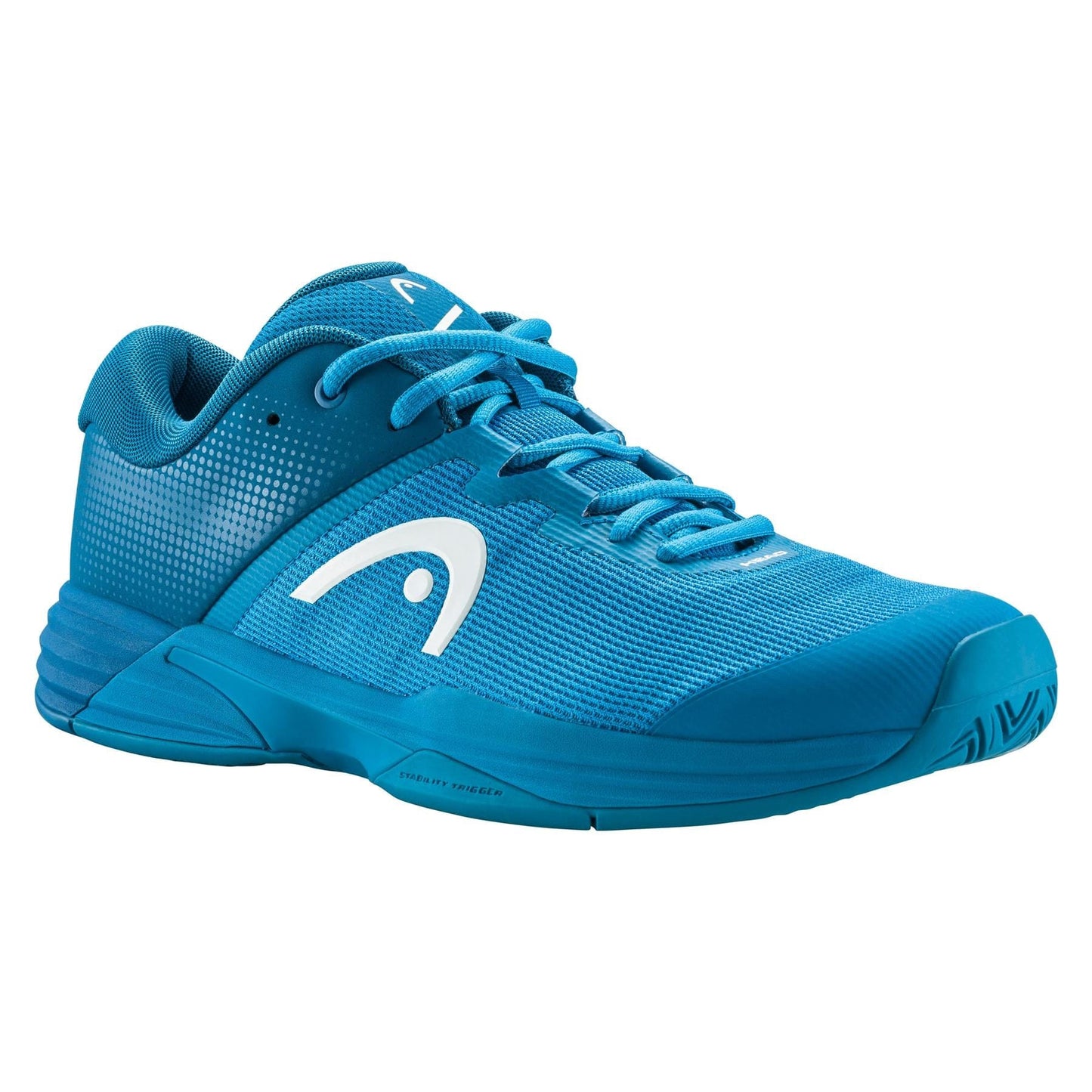 The HEAD Revolt EVO 2.0 Men's Wide Fit Tennis Shoe in blue, featuring a mesh upper for excellent breathability, displays a white logo design and comes with blue laces. It boasts a textured sole for improved grip and offers a streamlined design with enhanced cushioning for superior performance.