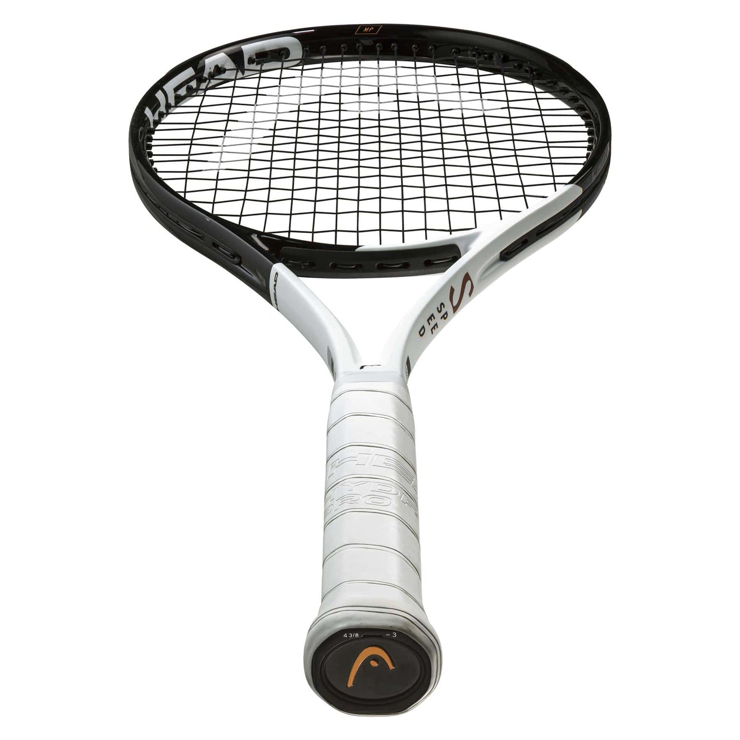 The HEAD Speed MP 2022 Tennis Racket, in a sleek white and black design, showcases the HEAD brand prominently on its side. It features tightly woven strings and graphene for enhanced performance, while its auxetic frame ensures precision. The handle end proudly displays the logo.