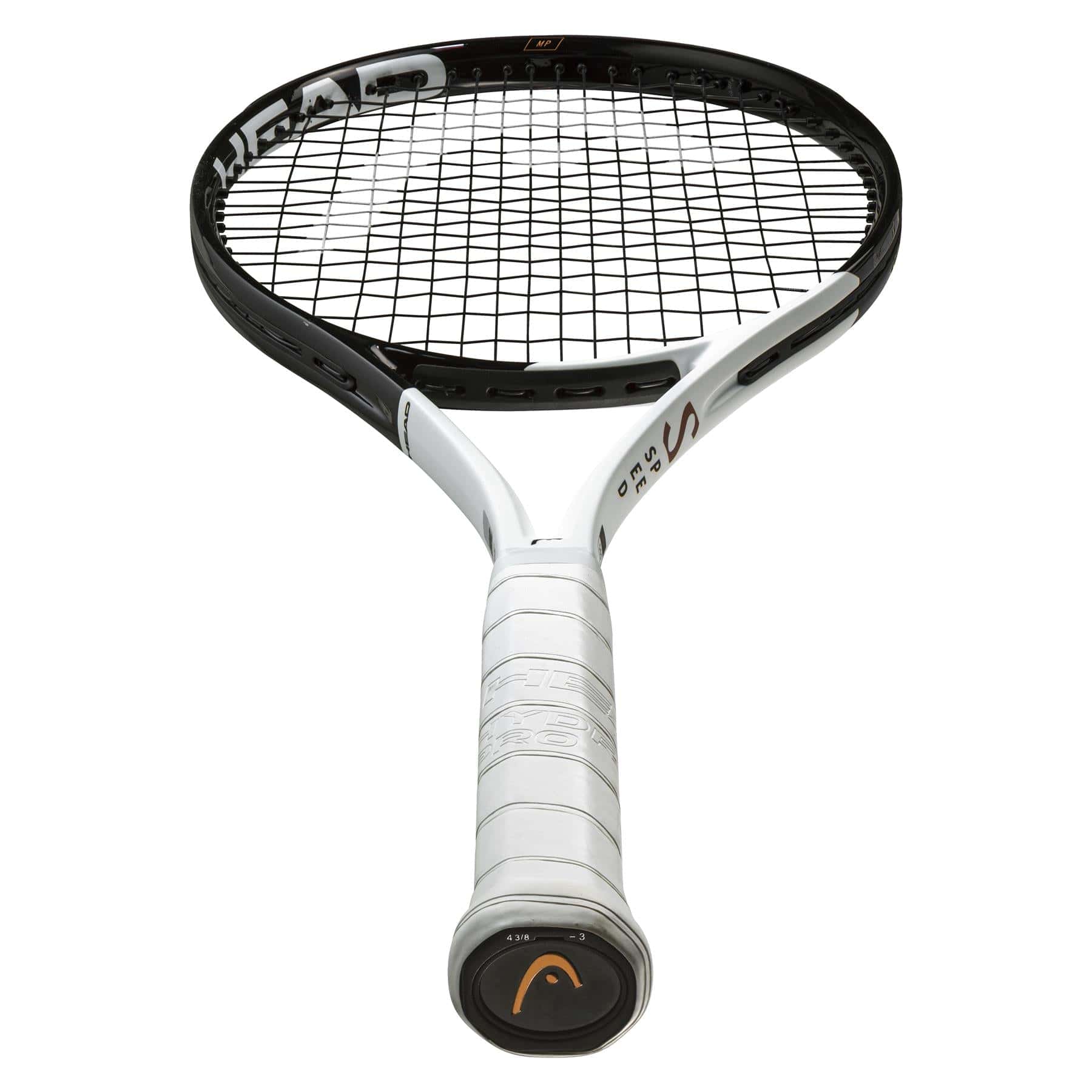 The HEAD Speed MP 2022 Tennis Racket, in a sleek white and black design, showcases the HEAD brand prominently on its side. It features tightly woven strings and graphene for enhanced performance, while its auxetic frame ensures precision. The handle end proudly displays the logo.