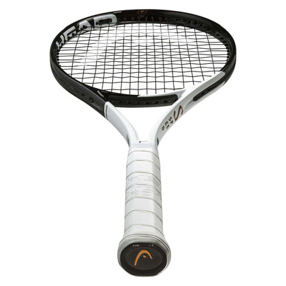 The HEAD Speed MP 2022 Tennis Racket, in a sleek white and black design, showcases the HEAD brand prominently on its side. It features tightly woven strings and graphene for enhanced performance, while its auxetic frame ensures precision. The handle end proudly displays the logo.