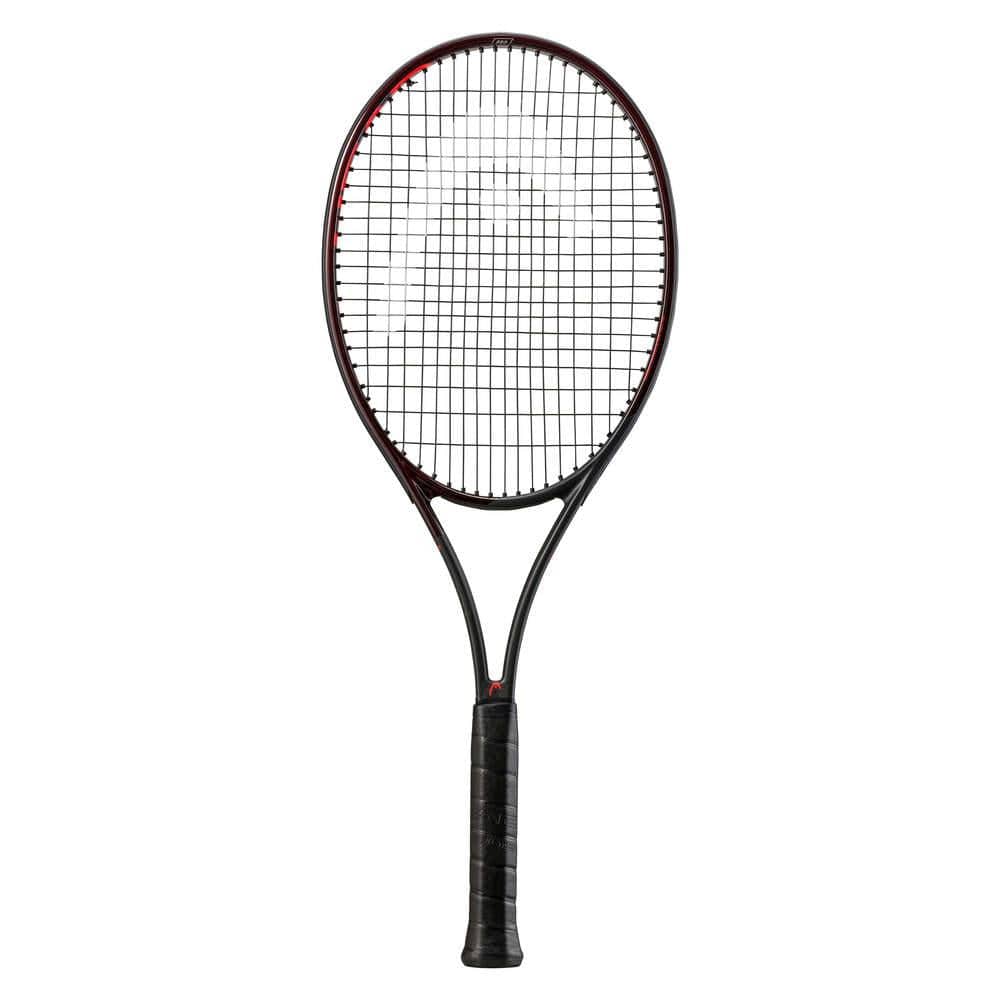 The HEAD Prestige Pro 2021 Tennis Racket - Black (Frame Only) by HEAD, featuring a black frame with a red outline around the head and a black grip, highlights its sleek auxetic construction, standing vertically against a plain white background.