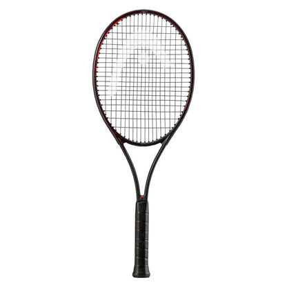 The HEAD Prestige Pro 2021 Tennis Racket - Black (Frame Only) by HEAD, featuring a black frame with a red outline around the head and a black grip, highlights its sleek auxetic construction, standing vertically against a plain white background.