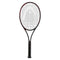 The HEAD Prestige Pro 2021 Tennis Racket - Black (Frame Only) by HEAD, featuring a black frame with a red outline around the head and a black grip, highlights its sleek auxetic construction, standing vertically against a plain white background.