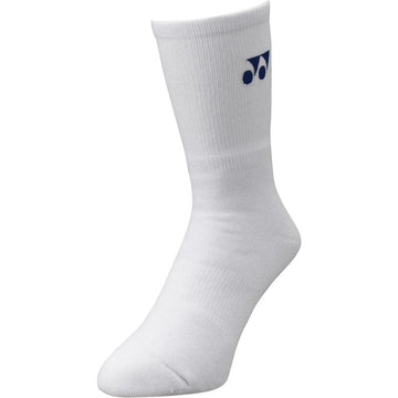 Introducing the Yonex 19120YX 3D ERGO Crew White Socks: A single athletic sock featuring a stylish blue logo near the top, set against a plain background. With its ergonomic design, this crew-length sock provides exceptional cushioning and a ribbed texture around the ankle area for maximum comfort.