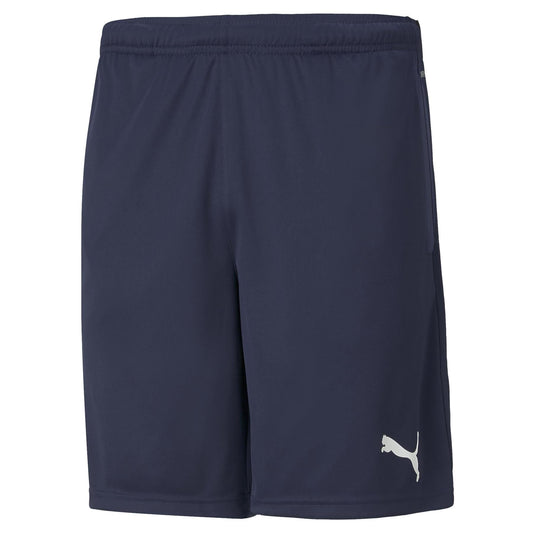 The Puma Team RISE Men's Training Shorts in blue feature an elastic waistband and are crafted from high-performance materials. The iconic Puma logo is subtly visible near the hem on the right side.