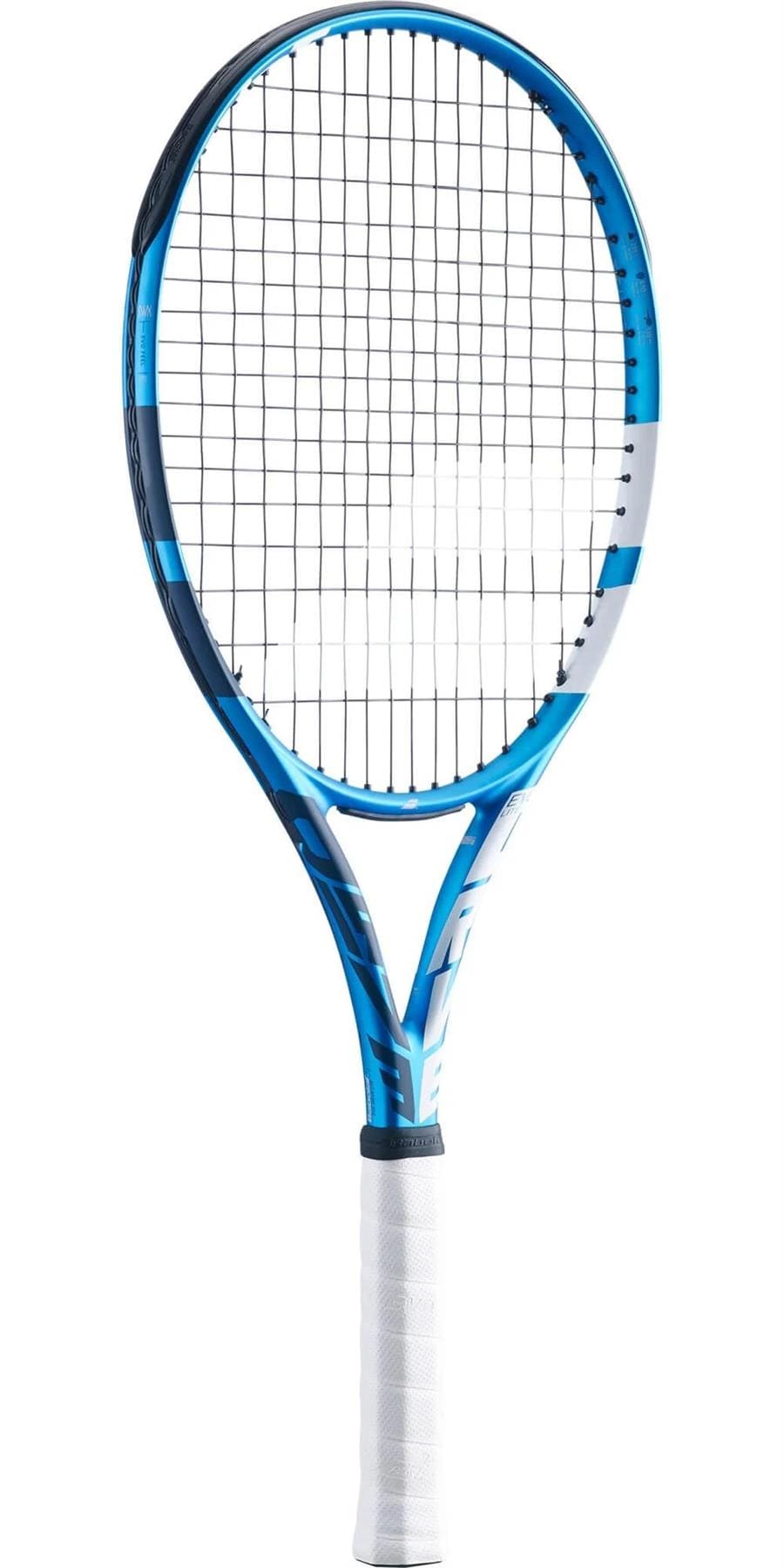 The Babolat EVO Drive Lite Tennis Racket - Blue (Strung) by Babolat is a stylish racket featuring a blue frame accented with white. It has a white handle and black strings, offering an excellent combination of power and comfort in its lightweight design.