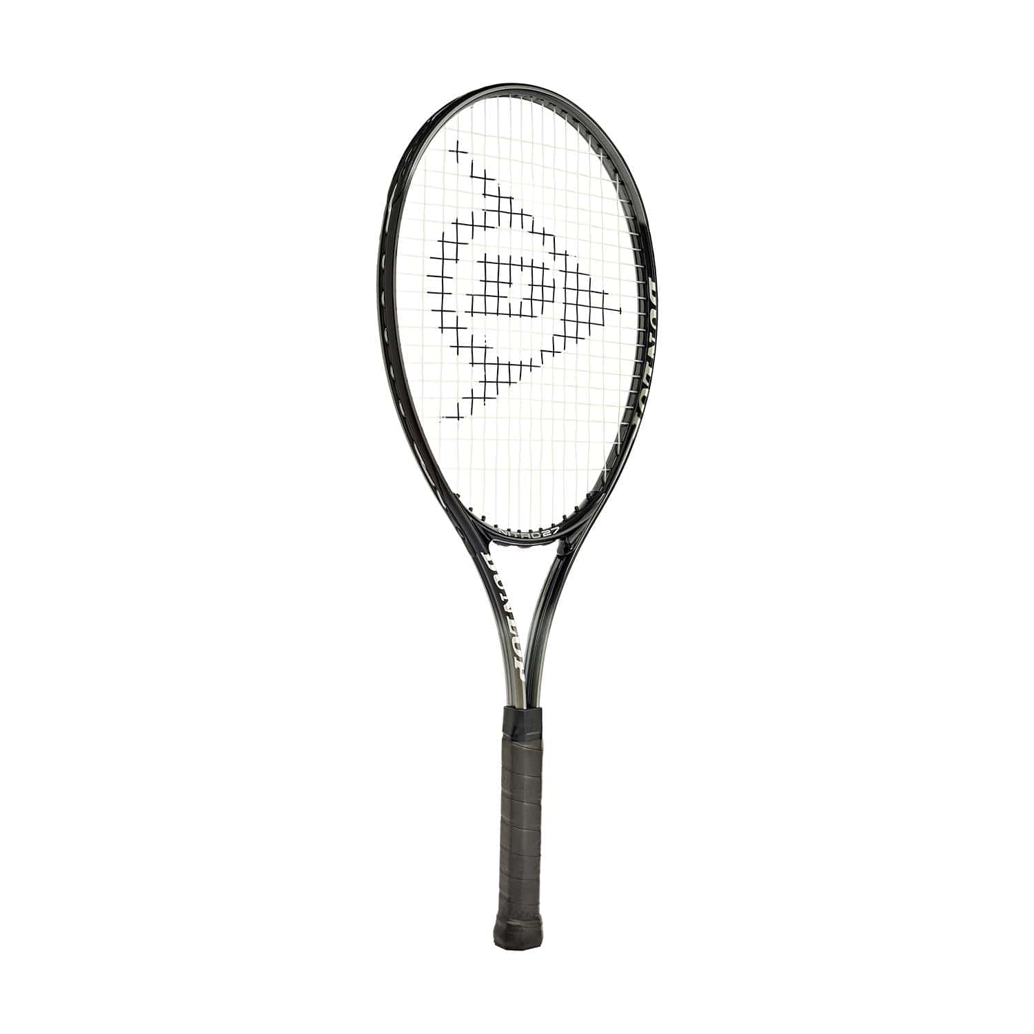 A Dunlop Nitro 27 Tennis Racket in black, crafted for beginner adults, is positioned upright against a pristine white background with the brand's iconic logo prominently featured on the strings.