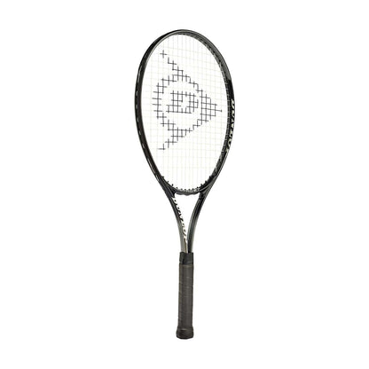A Dunlop Nitro 27 Tennis Racket in black, crafted for beginner adults, is positioned upright against a pristine white background with the brand's iconic logo prominently featured on the strings.