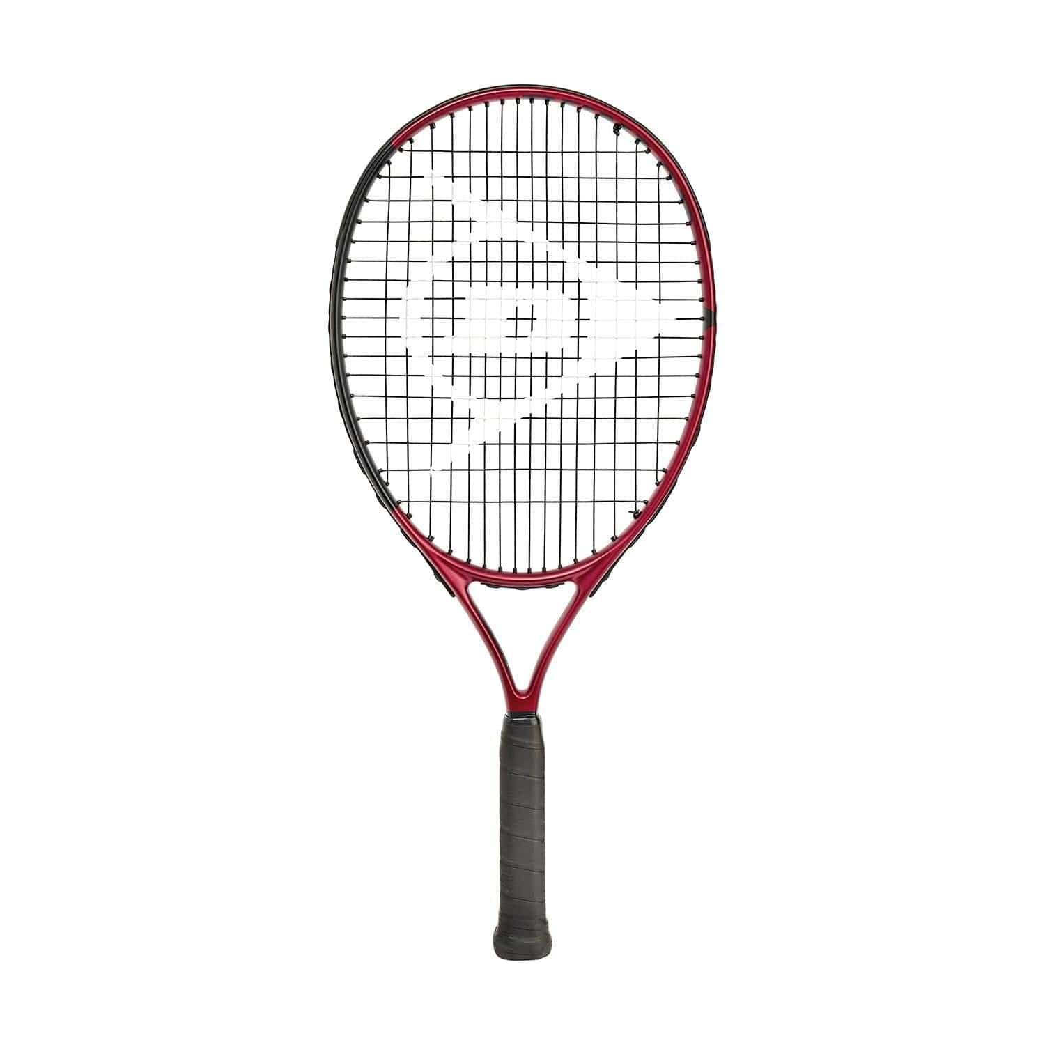 The Dunlop CX Junior 23 Tennis Racket in red features a black aluminum frame with a dark grip, delivering power and spin. Its string pattern is reminiscent of a logo, ideal for aspiring athletes. Standing vertically against a white background, this junior racket is designed to inspire young champions.