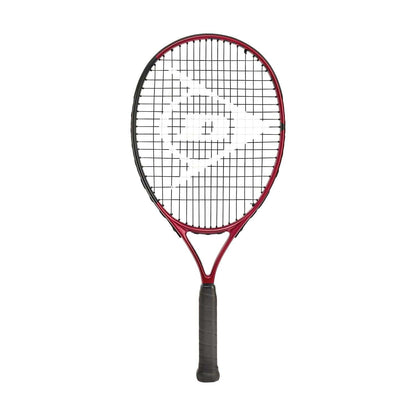 The Dunlop CX Junior 23 Tennis Racket in red features a black aluminum frame with a dark grip, delivering power and spin. Its string pattern is reminiscent of a logo, ideal for aspiring athletes. Standing vertically against a white background, this junior racket is designed to inspire young champions.