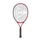 The Dunlop CX Junior 23 Tennis Racket in red features a black aluminum frame with a dark grip, delivering power and spin. Its string pattern is reminiscent of a logo, ideal for aspiring athletes. Standing vertically against a white background, this junior racket is designed to inspire young champions.