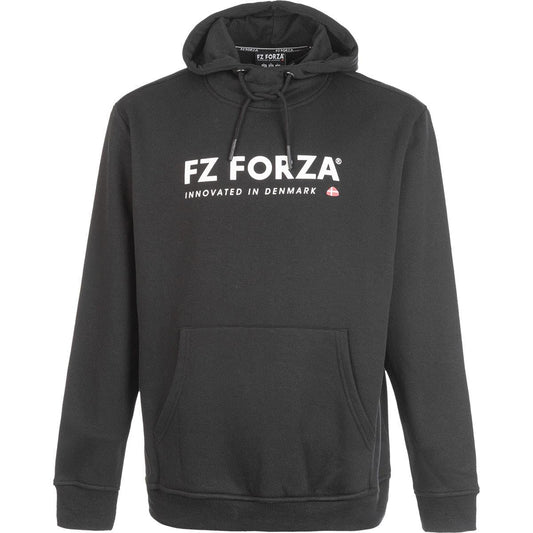 The FZ Forza Boudan Men's Hoodie in black, crafted by FZ Forza, is an ideal choice for light play. It showcases "FZ FORZA" in bold white text with "Innovated in Denmark" underneath. This hoodie combines comfort and style with its practical front pocket and adjustable drawstrings.