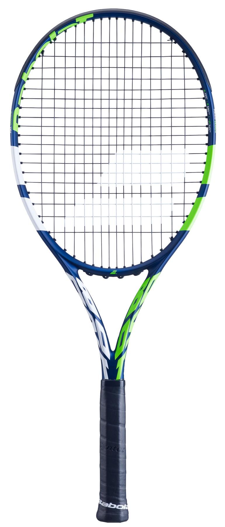 The Babolat Boost Drive Tennis Racket - Blue, featuring a black grip and graphite construction, is displayed against a plain white background with its blue, white, and green design.